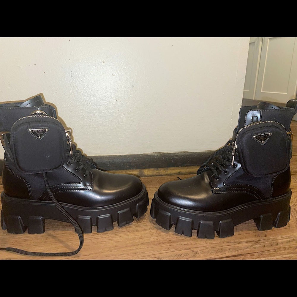 PRADA Leather Zip Pocket Combat Booties